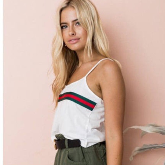White Crop Top red green stripe tank BRAND NEW - Picture 3 of 5